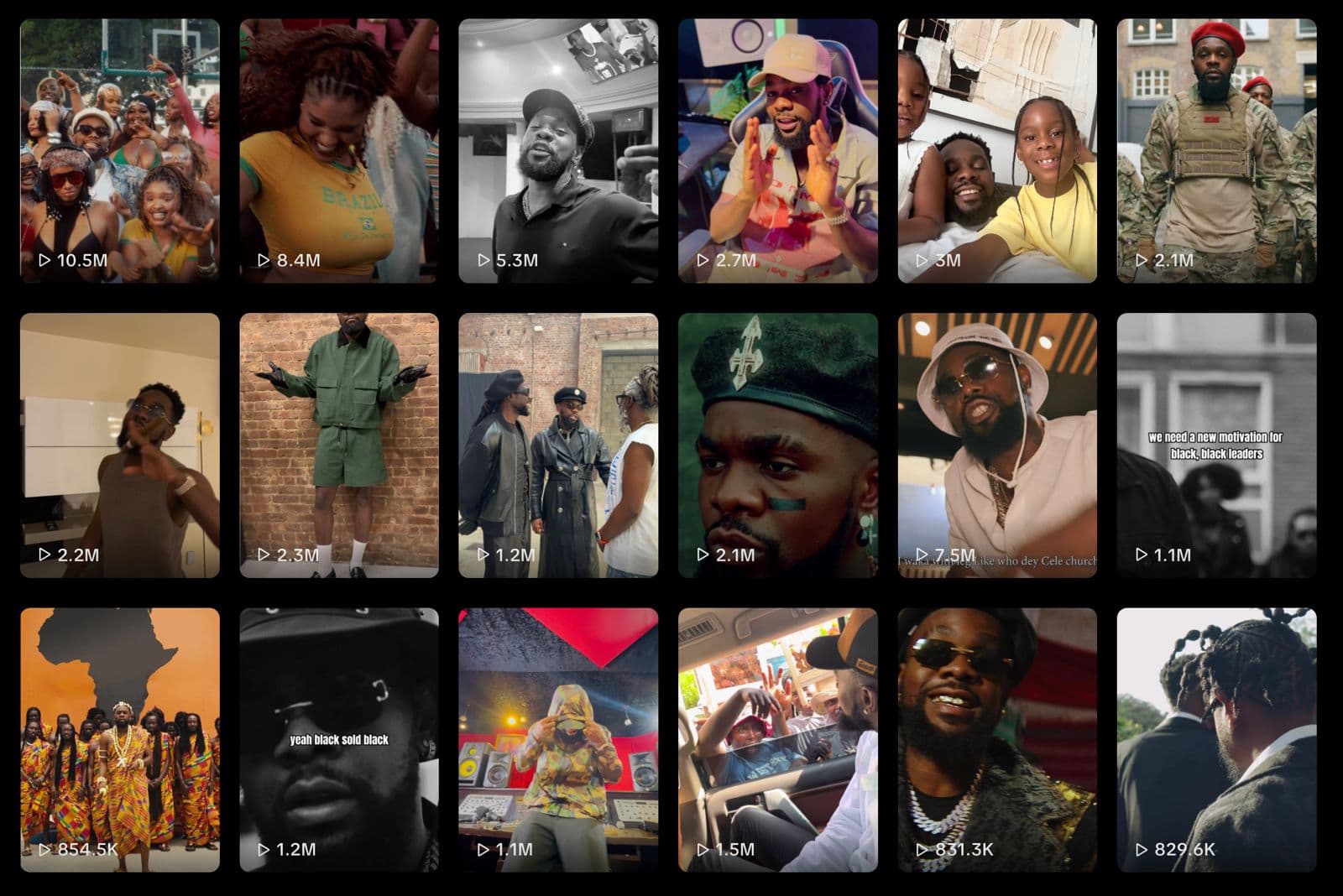 Grid of Patoranking's TikTok videos with their view counts